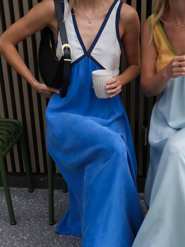 women's elegant patchwork v neck maxi dress for spring& summer, vacation& party style trendy sleeveless swing dress, outfit of the day, women's clothing