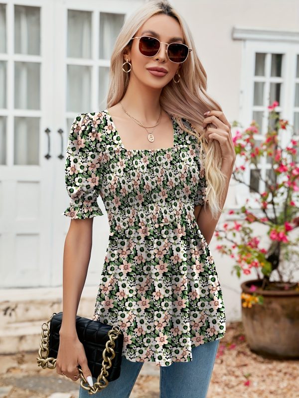 women's tunics square neck puff short sleeve smocked top ladies peplum blouse tee shirts 2024 spring summer s xl