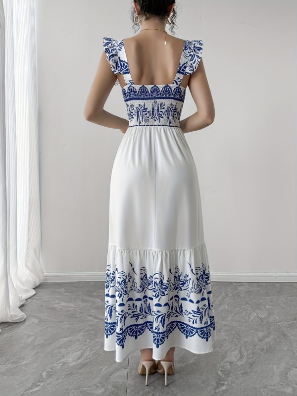women's elegant printed vacation soft fabric a line dress with waist cinching