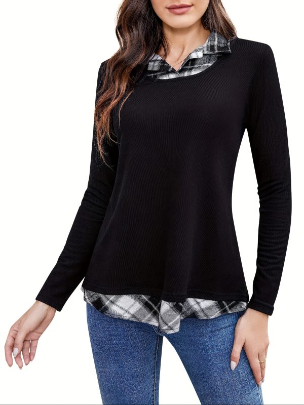 color block lapel neck blouse, casual long sleeve blouse for spring & fall, women's clothing