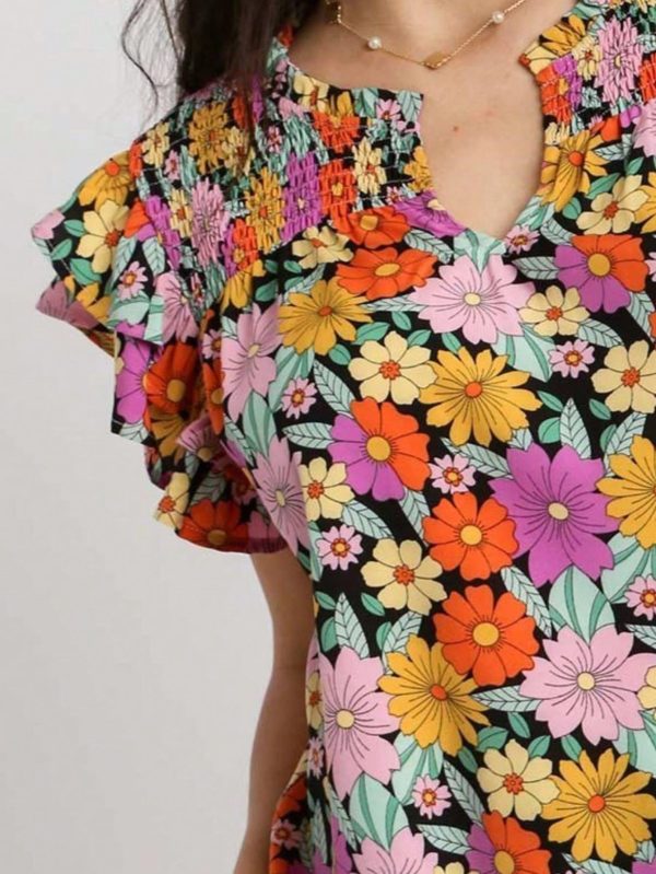 womens casual floral boho chic smocked ruffle flutter sleeve mini dress colorful retro daisy print black background v neck summer beach party vacation resort wear