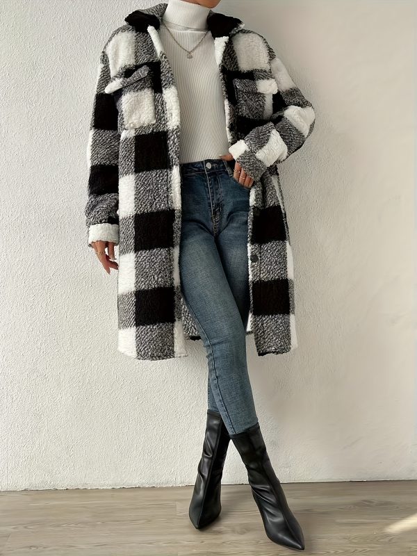 women's long sleeve plaid coat windbreaker black & white checkered pattern, cozy fleece lined winter jacket with pockets, casual style for cold weather, cozy winter wear | checkered pattern coat | functional pockets