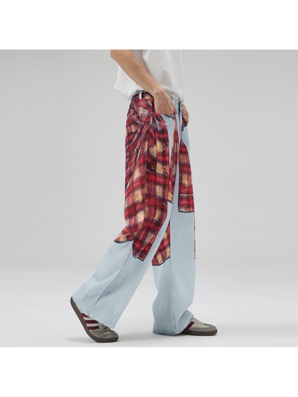 men's casual plaid shirt & straight leg faux denim 3d digital print, light wash, loose fit, a line design, all season comfort, regular length, perfect for casual attire, comfortable clothing | relaxed fit pants | digital print shirt