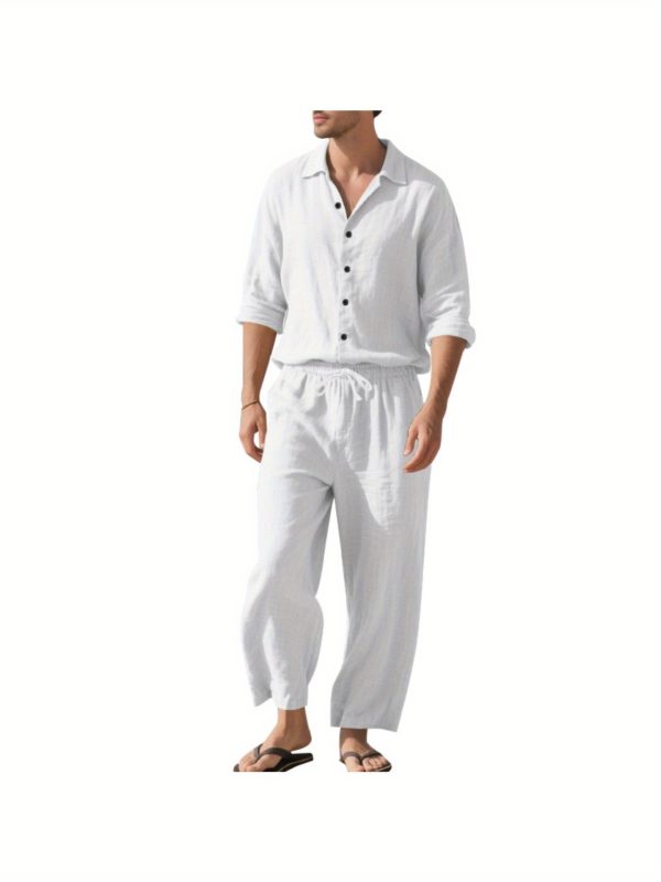 1 set (2 pack) men's button lapel long sleeve shirt and pants set breathable fabric, elastic waistband drawstring perfect for beach vacations, outdoor adventures, summer travel, daily leisure sizes s to xxxl