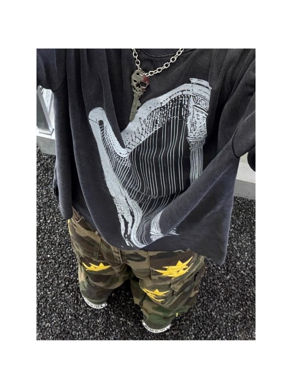 men's vintage star camouflage cargo faux denim retro hip hop style, loose fit wide leg pants with adjustable drawstring waist, mid rise design, perfect for casual outings, casual wear faux denim | vintage style pants | durable fabric faux denim
