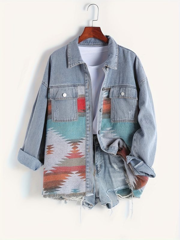 women's southwestern aztec print fringe accent shackles button shirt jacket turquoiseu002forangeu002fredu002fblacku002fwhite, machine washable casual to semi formal outerwear, all season layering piece