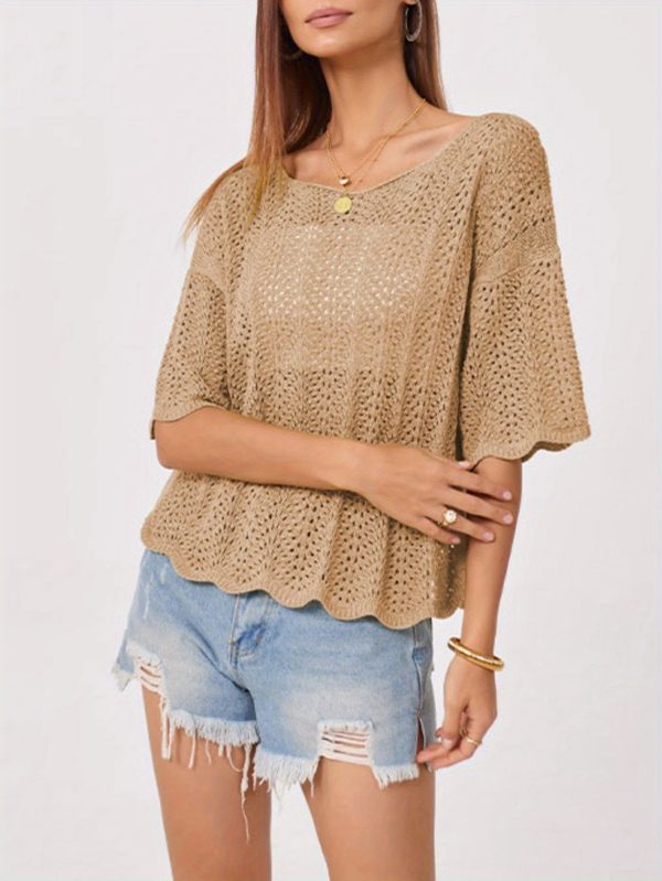 women's light green crochet top loose fit, round neck, short sleeve, summer casual blouse with ruffled hem, perfect for beach or vacation, beachwear blouse | ruffled hem top | crochet texture