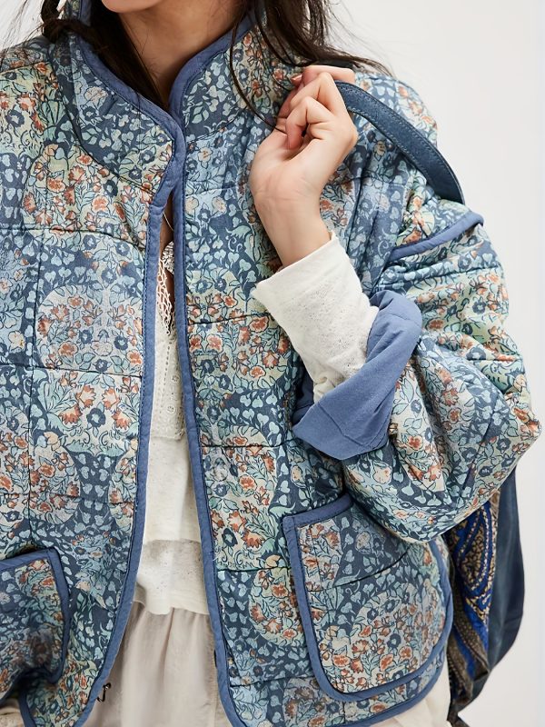 women's floral print quilted jacket loose fit long sleeve stand collar casual outerwear with pockets, brown & blue design, perfect for fall, autumn jacket | floral print jacket | quilted texture