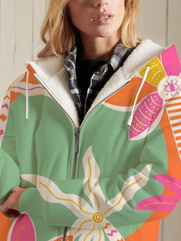 women's casual floral print hoodie cozy full zip up sweatshirt jacket with lined, vibrant orange & pink design, perfect for spring & fall, floral hoodie