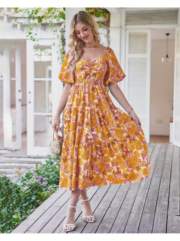 women's elegant bohemian floral like digital print a line flared mid high waistdress flared hem, for beach, party, everyday springu002fsummer outfits, party outfit, vneck design, lightweight fabric, versatile clothing, summer wardrobe