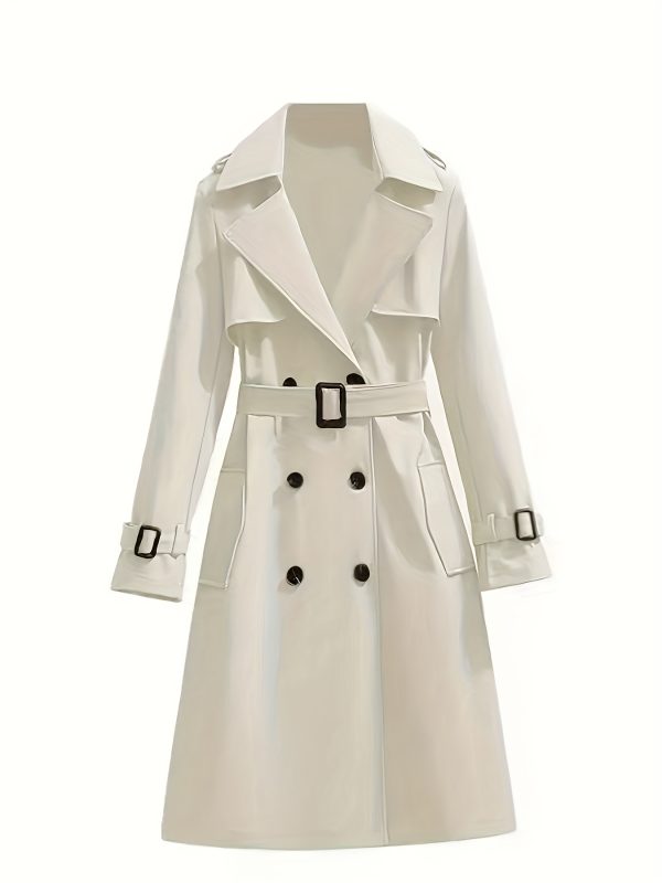 elegant white double breasted trench coat for women long sleeve, belted waist, button up design, casual style, perfect for fall & winter, casual winter wear | belted trench coat | structured design