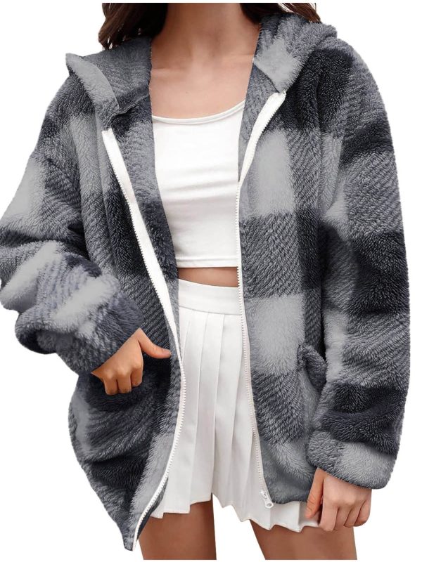 women's fuzzy plaid pattern long sleeve hooded neck zip up jacket coat outwear