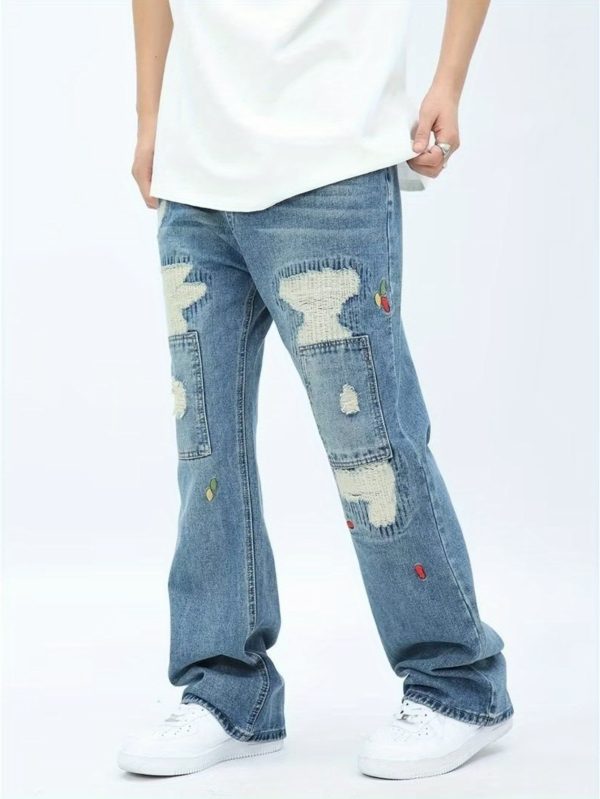 fashionable high street style ripped and patched jeans hip hop street embroidery straight casual pants