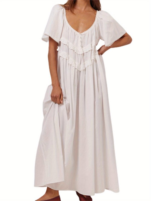 women long dress, elegant short sleeve low cut backless solidu002fplaid loose swing dress