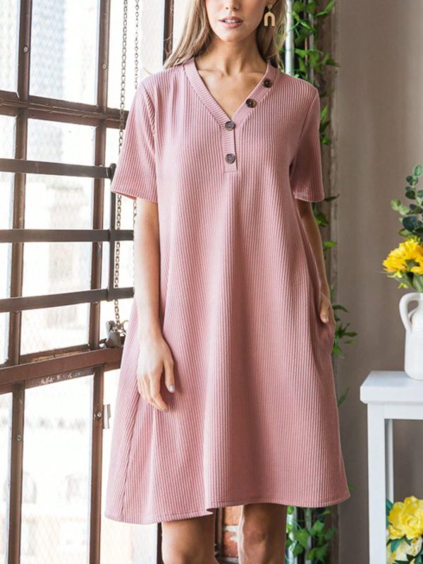 womens casual ribbed knit chic minimalist relaxed fit t shirt dress dusty pink half sleeve knee length round neck stretchy textured summer spring daily wear loose comfort midi