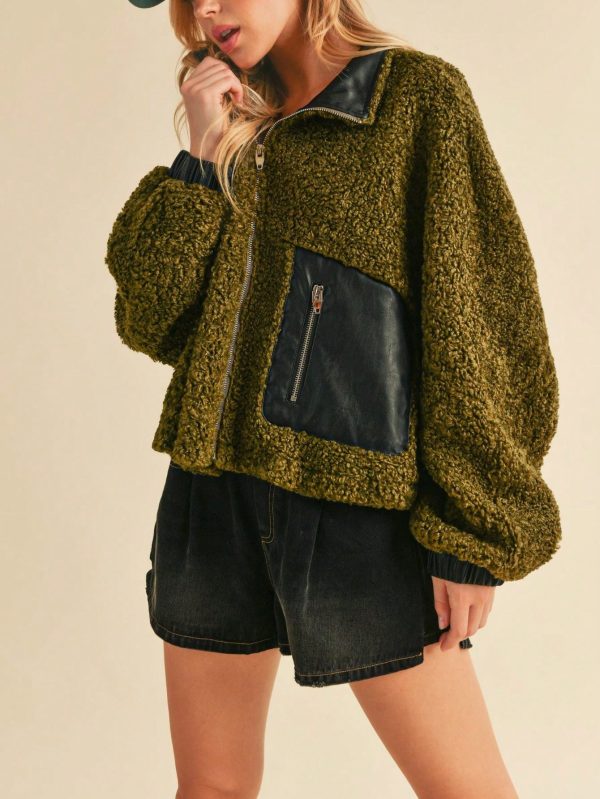 womens casual teddy bear chic leather trim zipper pocket sherpa jacket olive green long sleeve cropped length stand collar plush textured fall winter street style outerwear