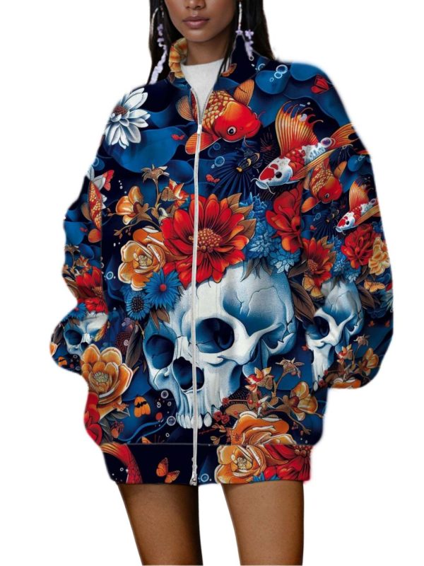 women's gothic floral & skull print streetwear jacket all season breathable mid length coat with stand collar, redu002fblue ethnic harajuku style, machine washable casual outerwear for hip hop fashion & layering (skull & floral pattern)