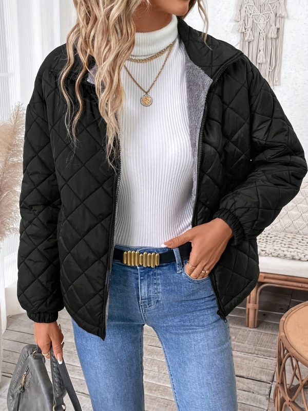 women's elegant warm fleece lined quilted jacket soft, velvet like, long sleeve, solid color, regular fit, zip up, ideal for fall & winter, casual style, casual winter wear | elegant casual jacket | soft fleece lining