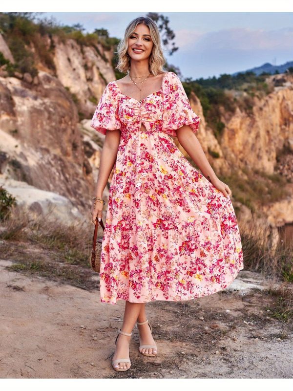 women's elegant bohemian floral like digital print a line flared mid high waistdress flared hem, for beach, party, everyday springu002fsummer outfits, party outfit, vneck design, lightweight fabric, versatile clothing, summer wardrobe