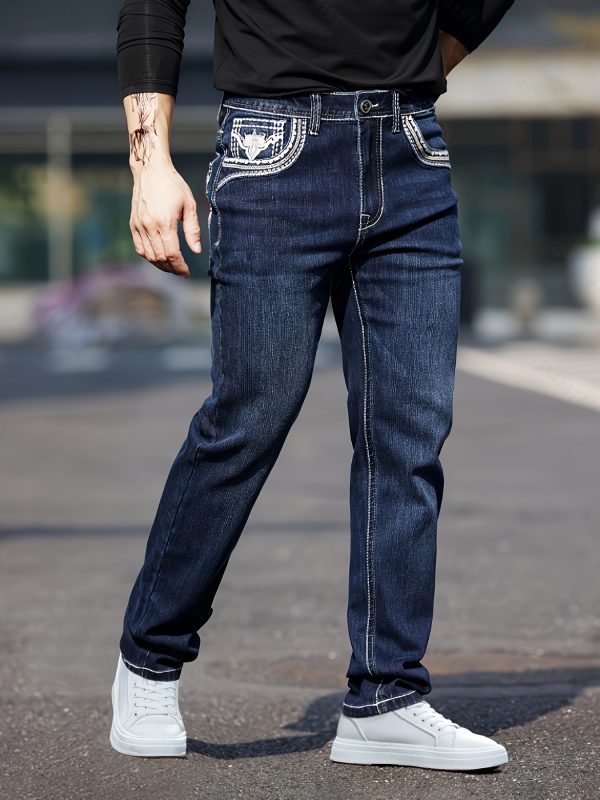 men's thick thread classic embroidered slim four season stretch jeans