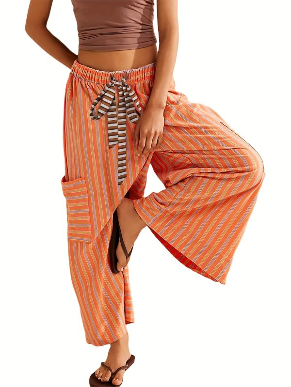women's lightweight loose wide leg palazzo pants casual elastic drawstring waist with dropped pockets, green & white striped 100% polyester trousers for springu002fsummer outings, spring attire, fashionforward look, comfortable fit