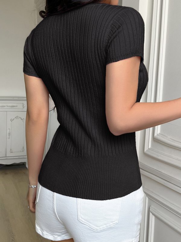 women's summer t shirt slim fit casual stylish solid ribbed button short sleeve tops
