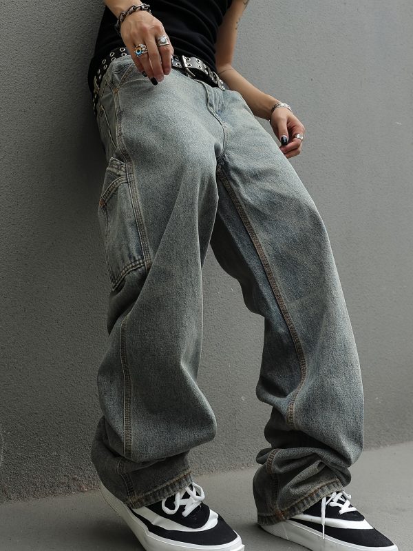 men's vintage carpenter jeans y2k streetwear loose fit wide leg cargo denim with geometric pattern, mid rise, machine washable & super long length for all season casual wear, urban fashion, retro style, classic wash, urban style