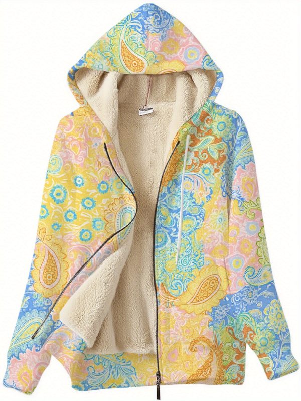 women's full zip hoodie jacket pastel paisley pattern in blue, green, orange, yellow all season outerwear coat machine washable zip up hooded sweatshirt for everyday & formal events, lined comfort