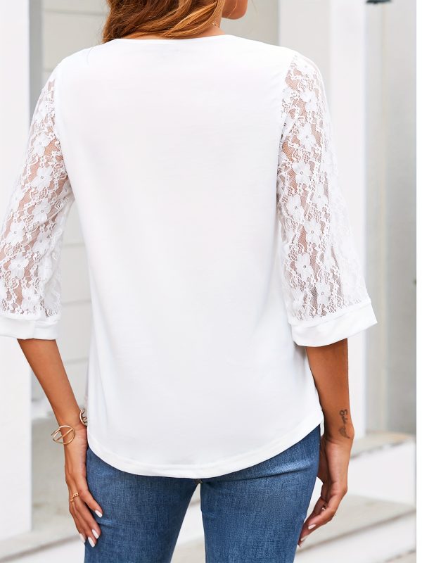 womens 3u002f4 sleeve patchwork half lace sleeve tops casual spring summer elegant solid blouses
