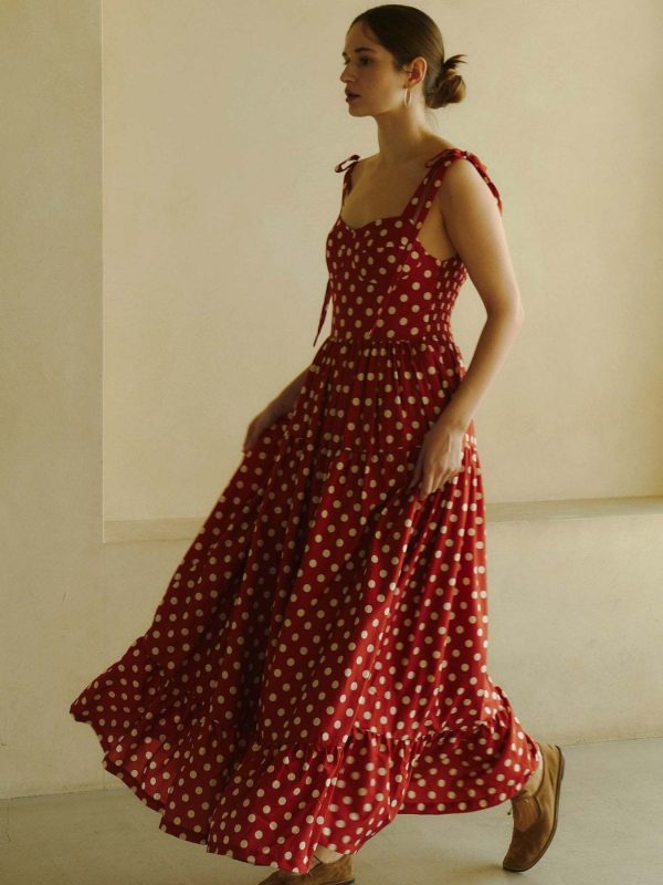 women's elegant square neck long sleeveless dress with adjustable tie up straps & red white floral print lightweight breathable casual to dressy machine washable all season cami dress, cute dress, flowy fabric gown