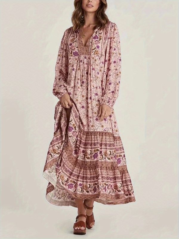 women bohemian long dresses floral print long balloon sleeves tie v neck tiered smock flowy a line dress