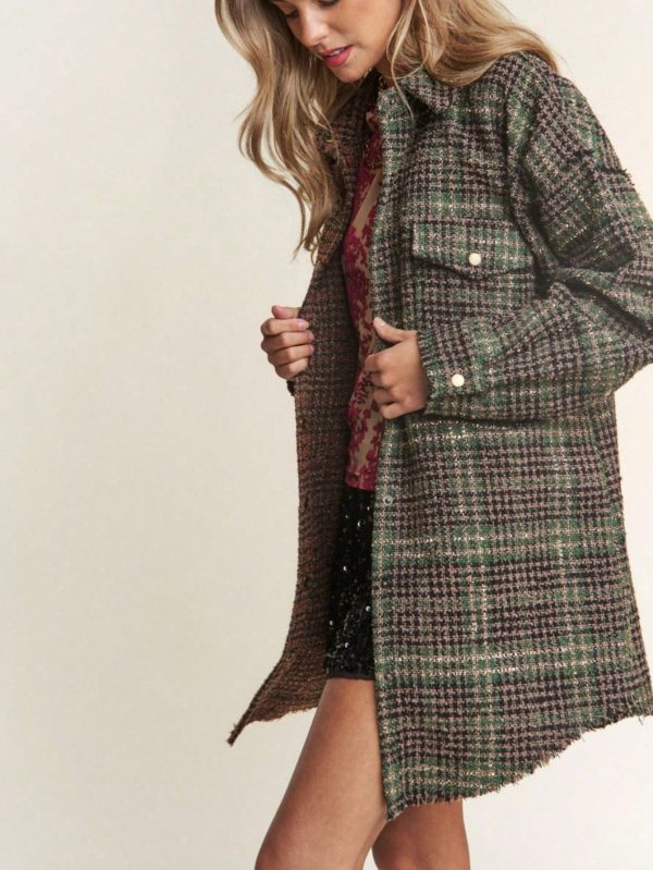 women's casual jacket vintage snap down tweed plaid contrast longline shacket misty forest long sleeve button down oversized fit frayed hem comfy and stylish perfect for springu002ffallu002fwinter layering everyday wear