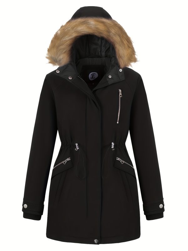 women's hooded winter parka coat with removable faux fur trim, windproof puffer jacket, hip length with multiple pockets, cozy insulated for outdoor and everyday use, multi function pockets