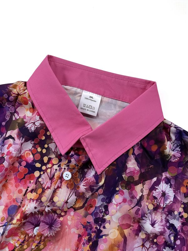 men's casual floral print short sleeve shirt & pants set vibrant pink & purple floral design, button up with pocket, polyester fabric, all season wear, casual attire|floral print shirt|polyester fabric