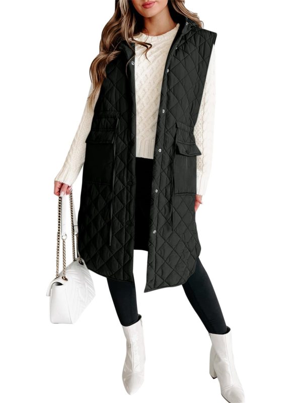 women's quilted hooded puffer vest warm sleeveless winter jacket with pockets, polyester, machine washable, coats, long