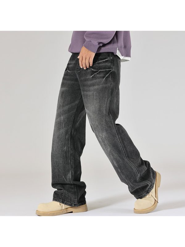 men's vintage faux denim with a black wash, featuring a straight loose fit, stylish large pockets, and a trendy distressed look.