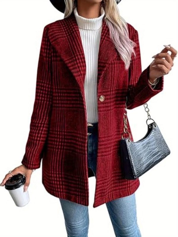 women's slim fit plaid coat casual long sleeve button up with lapel collar, brown & white checkered pattern, perfect for fallu002fwinter, stylish outerwear | checkered pattern coat | buttonup coat