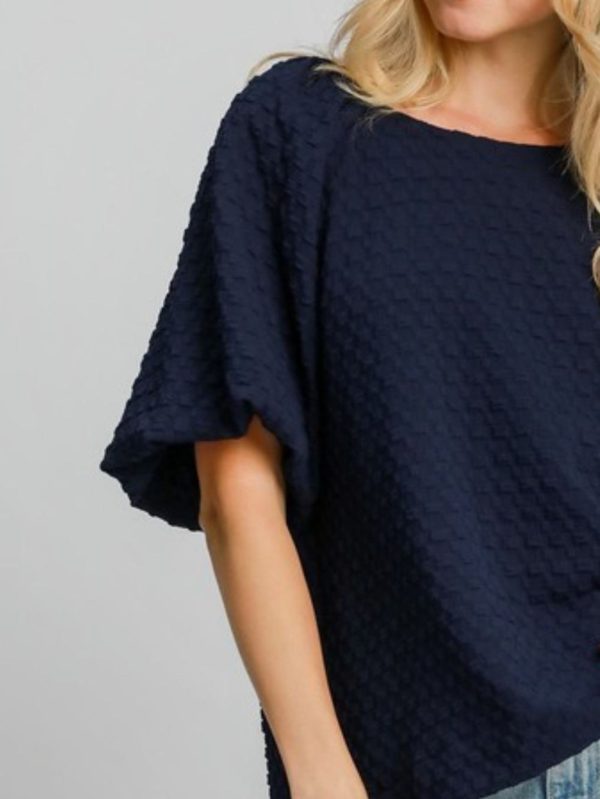 womens casual plus size chic textured honeycomb pattern relaxed fit top navy blue dolman short sleeve round neck quilted surface daily wear tunic blouse perfect for spring summer fall office weekend