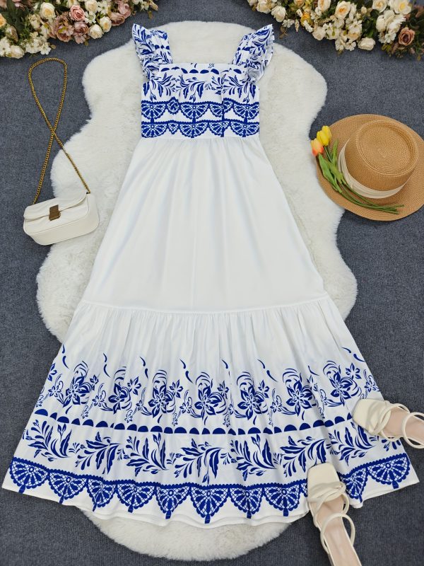 women's elegant printed vacation soft fabric a line dress with waist cinching