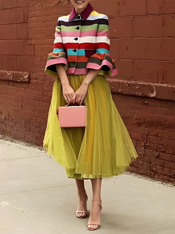 elegant rainbow stripe jacket for women chic flared sleeve, lapel collar outerwear, perfect for parties & casual wear, party evening wear|lapel collar coat|colorful jacket