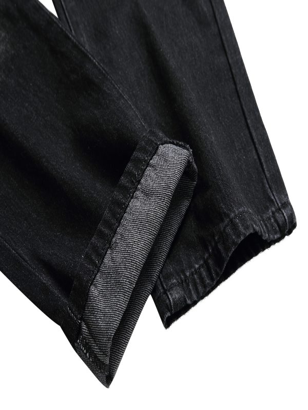 men's black jeans distressed ripped design, stretch denim fabric, mid rise fit with zipper fly closure, perfect for casual or night out, casual jeans | midrise jeans | distressed jean