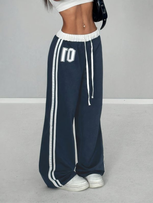 women's high waisted black sweatpants, printed with white '10' casual street style, loose fit, drawstring waist, suitable for autumn and winter, comfortable jogging pants