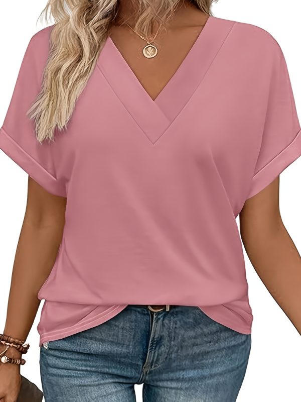 women's tops short bat sleeve shirt fashionable v neck clothing, casual and versatile