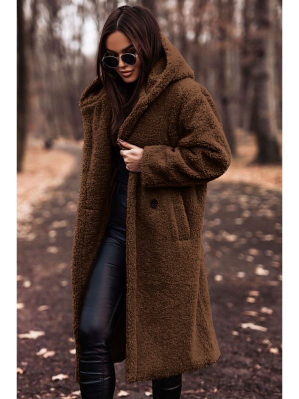 women's 2025 fall winter hooded fleece coat oversized mid length long sleeve solid color jacket with pockets, soft warm cozy outerwear for daily wear, casual to semi formal outfits (machine washable, no stretch fabric) white & neutral tones available