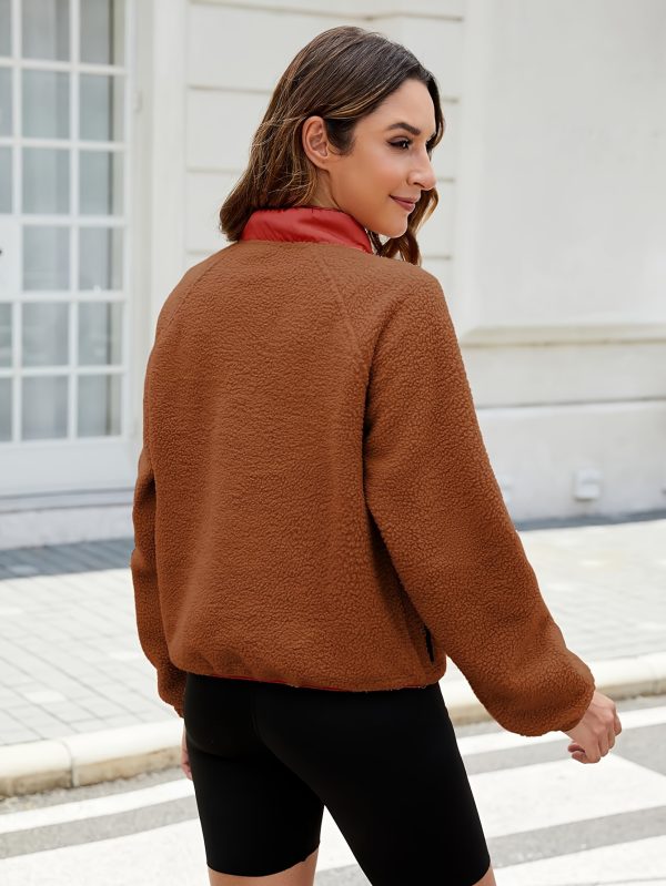women's lightweight fuzzy fleece pullover jacket fallu002fwinter color block design, casual stand collar, raglan long sleeves, two side zipper pockets, loose fit, machine washable
