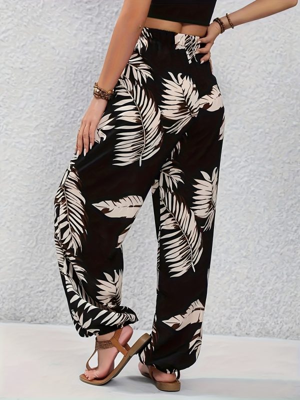 womens casual and fashionable pants leaf pattern print, loose and comfortable fit, suitable for daily commuting, leisure outings, vacation travel, spring, summer and autumn pant