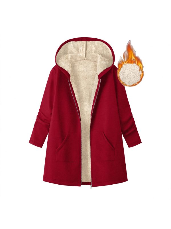 women's mid length hooded jacket cozy fleece lined casual outerwear with zipper closure, loose fit, solid color, long sleeve, perfect for fallu002fwinter, cozy fall jacket | hooded sweater | zippered jacket