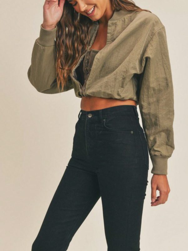 womens casual bomber chic cropped zip up baseball jacket lightweight stand collar long sleeve olive green relaxed fit spring fall streetwear fashion forward outerwear layer daily wear