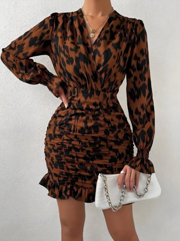 stylish women's leopard print v neck mini dress long sleeve, ruched bodycon for spring & fall, brown & black animal print, polyester knit fabric, machine washable, leopard print dress