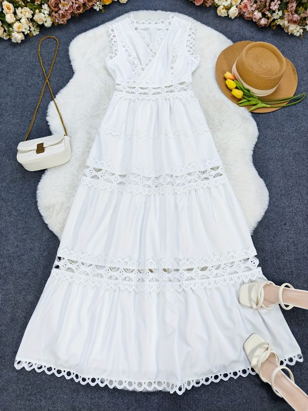 women's elegant v neck ruffle dress solid color, sleeveless a line midi dress with lace detailing, perfect for vacation and casual attire, casual attire|vneck dress|lace detailing